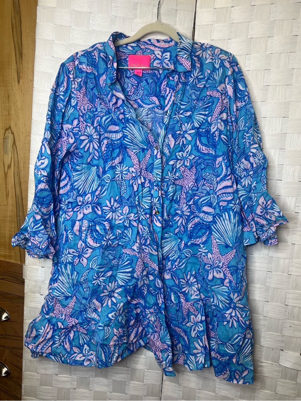 Lilly Pulitzer 100% Linen Blue & Pink Coastal Print Blouse – L Women’s Top